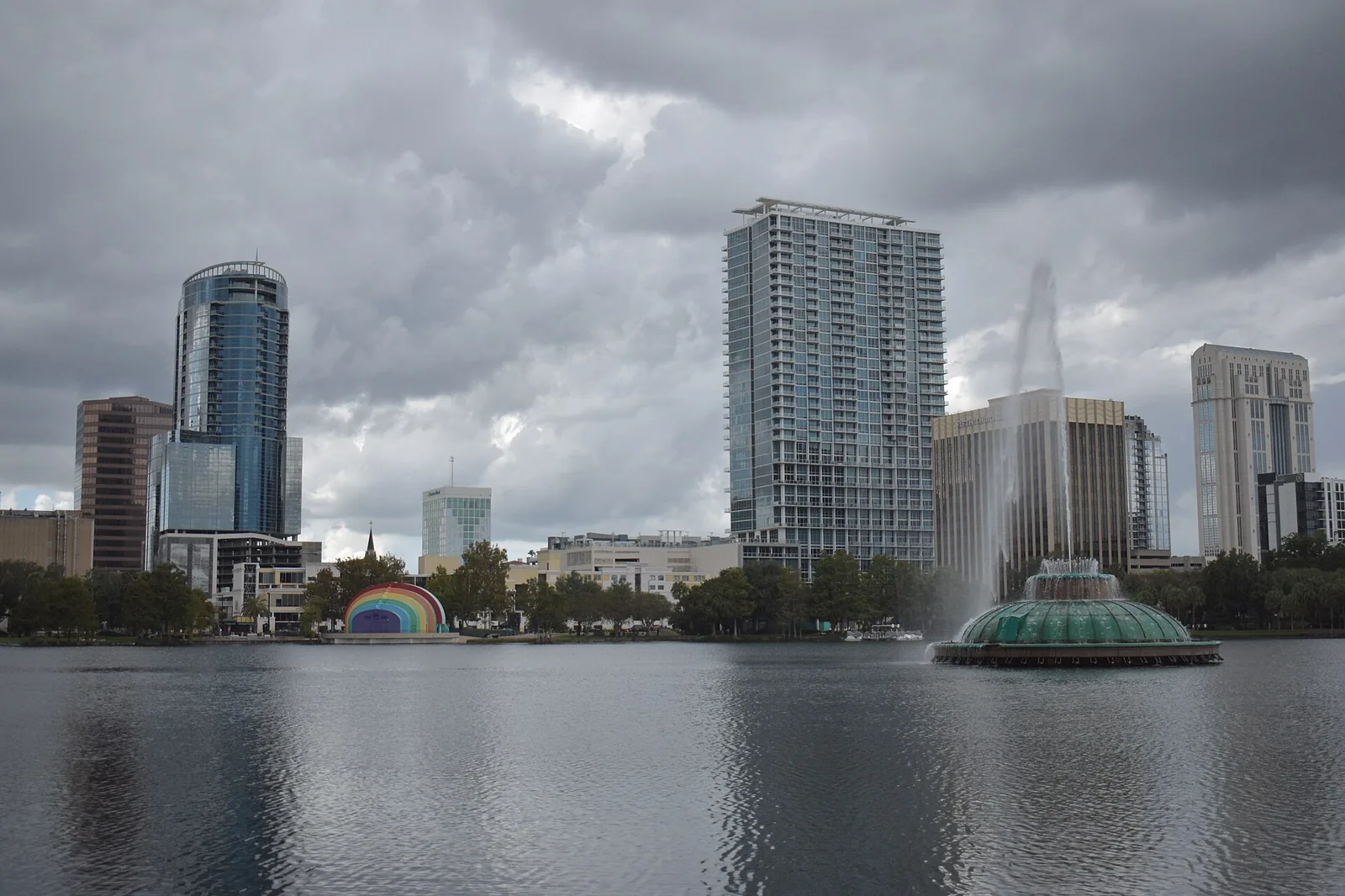 Downtown Orlando seen from Lake Eola, a short drive from our downtown-edge and northwest homes