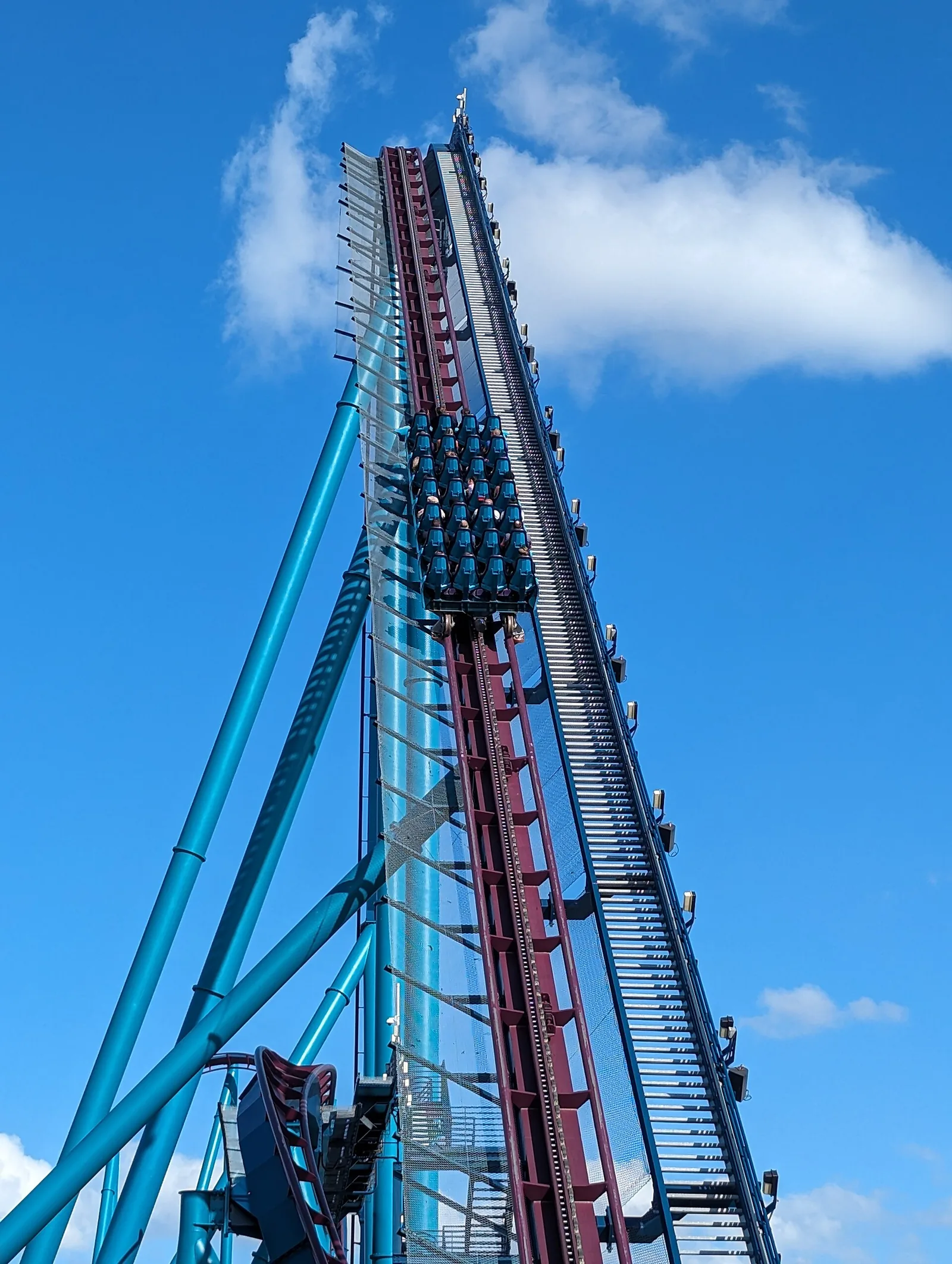 Mako, SeaWorld Orlando's hypercoaster, from its lift hill