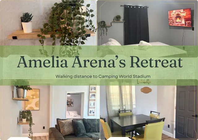 Cozy modern retreat near Camping World Stadium with stylish, inviting spaces at Amelia’s Arena Retreat