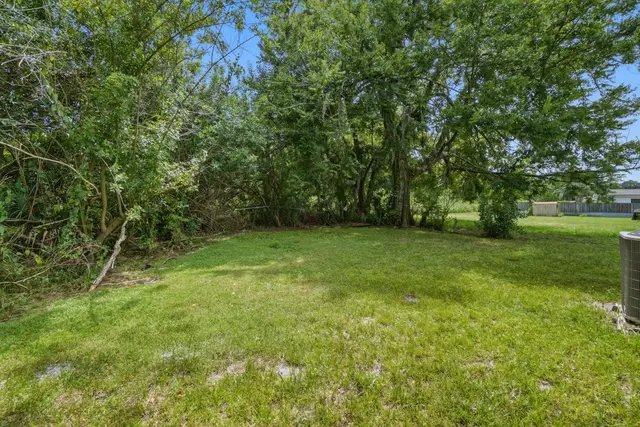Private backyard with open lawn, mature trees, and peaceful green views at WinterPark Home